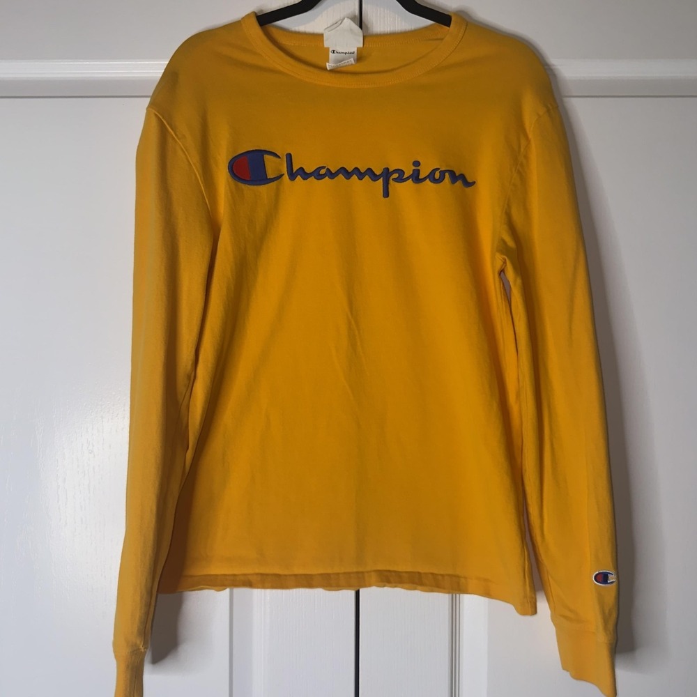 Champion Shirt Mens Small Yellow‎ Long Sleeve Script Logo Graphic Tee Crewneck